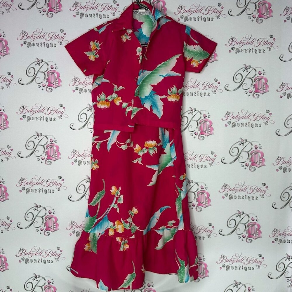 Hilo Hattie’s 2 piece set button up top and Floral pink flower Dress Hawaii
